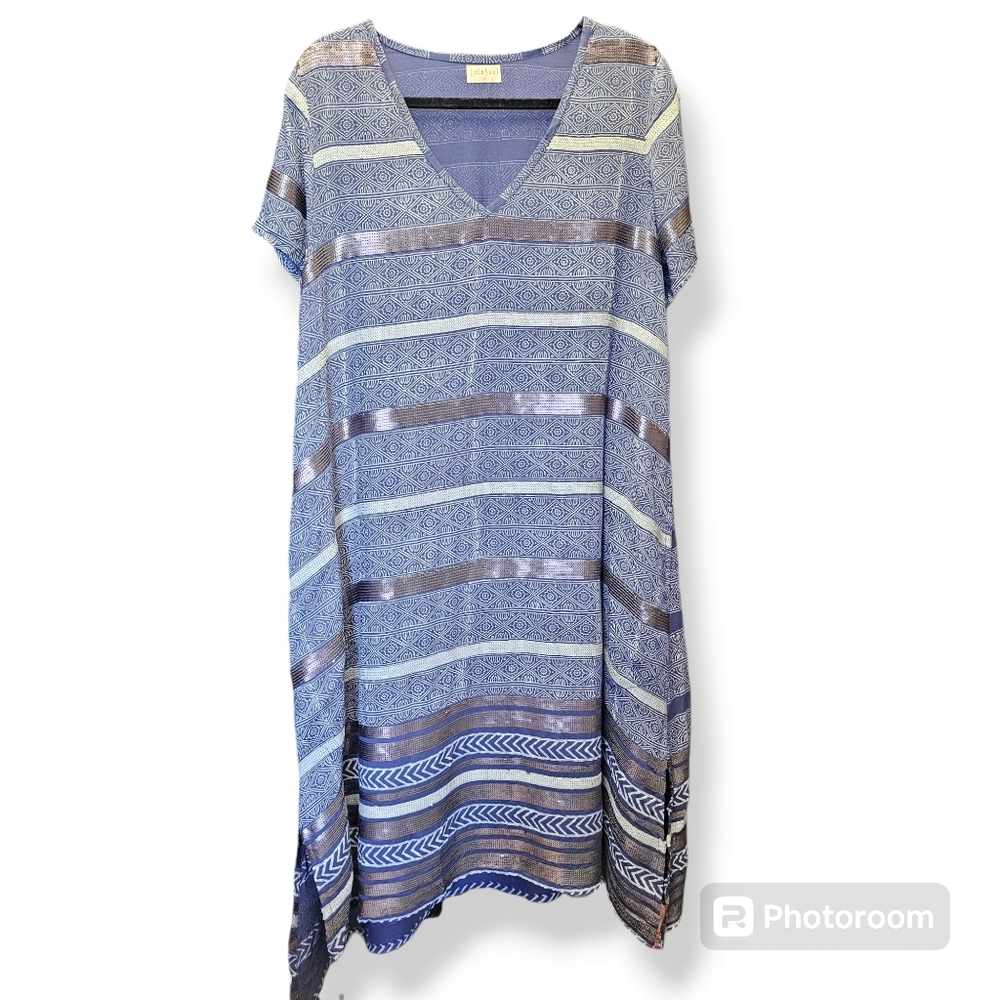3/$25LulaSoul Blue & White Patterned Sequin Stripe Maxi Dress with Slip size Med